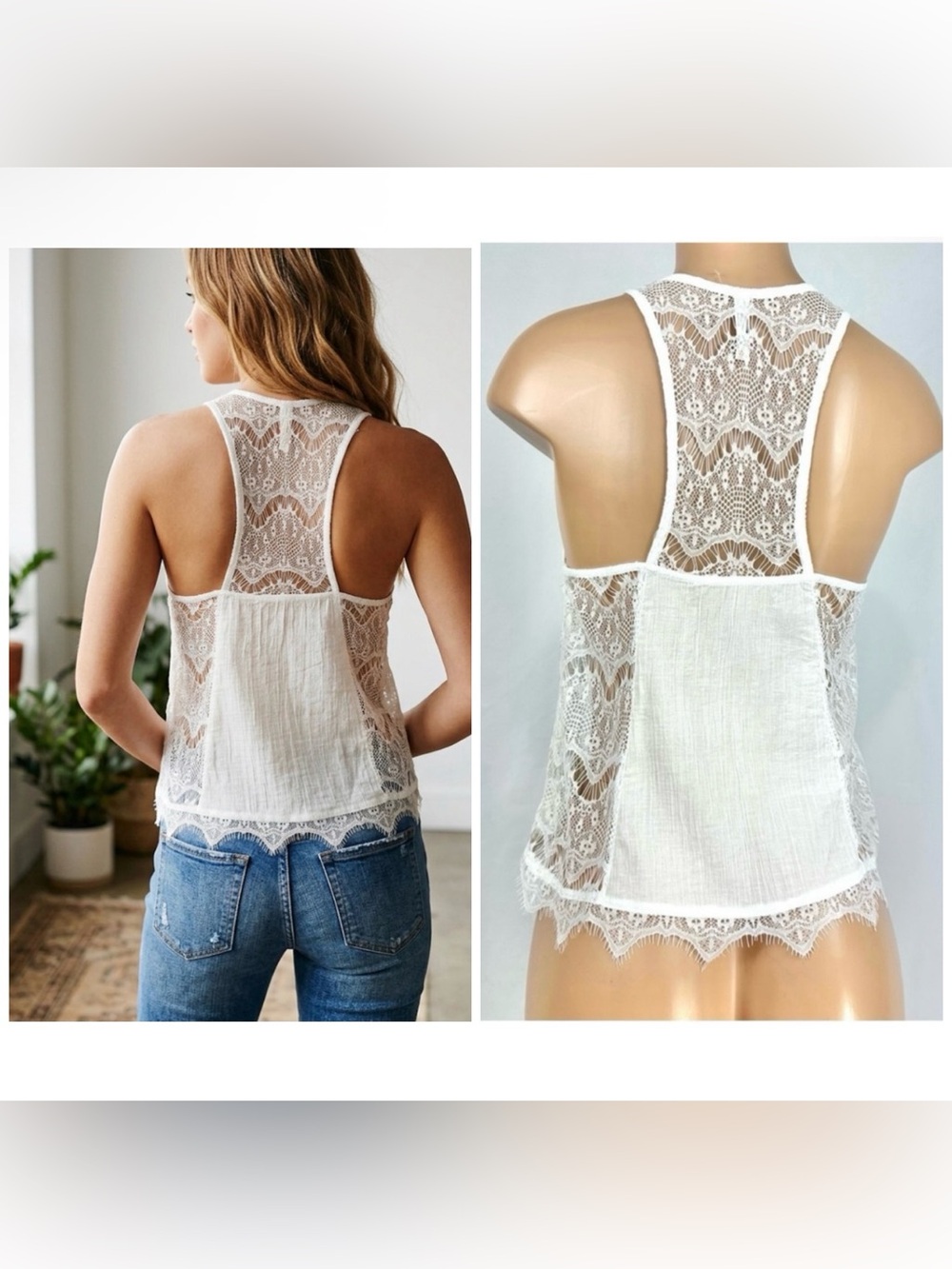 NEW- Free People Intimately Ivory Lace Boho Racer Tank Top XS Mesh Side